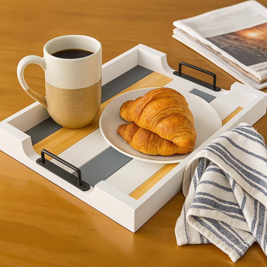 Wood Serving Tray with Metal Handle for Ottoman, Modern Rectangle Coffee Table Tray for Food Eating, White Decorative Tray, Size 17''x13'', Multicolor