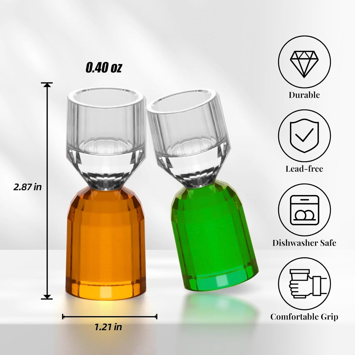 KAMMAK Crystal Shot Glasses Set of 2, Stemless Handcrafted Shot Glasses, 0.4 oz Engagement Gifts for Couples, Women, Men, Hand Blown, White with Colored