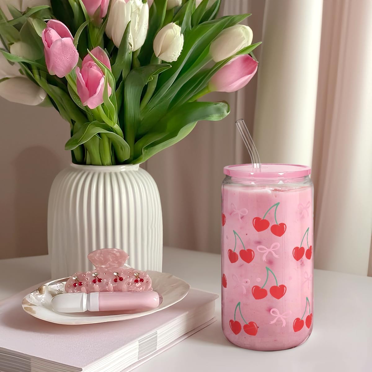 Cherry 16 Oz Can Glass Tumbler with Acrylic Lid and Straw - Iced Coffee Cups for Women, Aesthetic Glass Cup Gift for Birthday Christmas