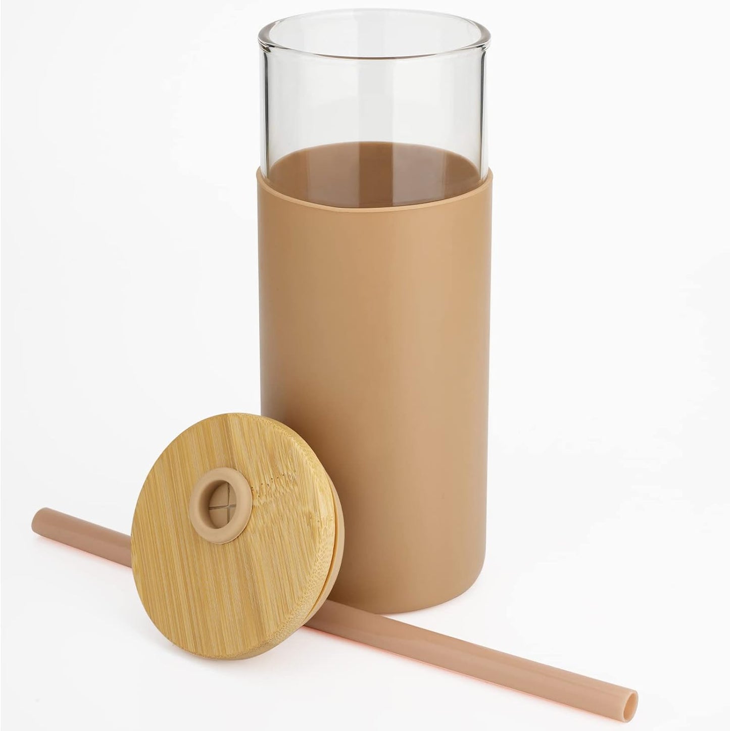 Tronco 20 oz Glass Tumbler Glass Water Bottle Straw Silicone Protective Sleeve Bamboo Lid - BPA Free- Amber/2 Pack