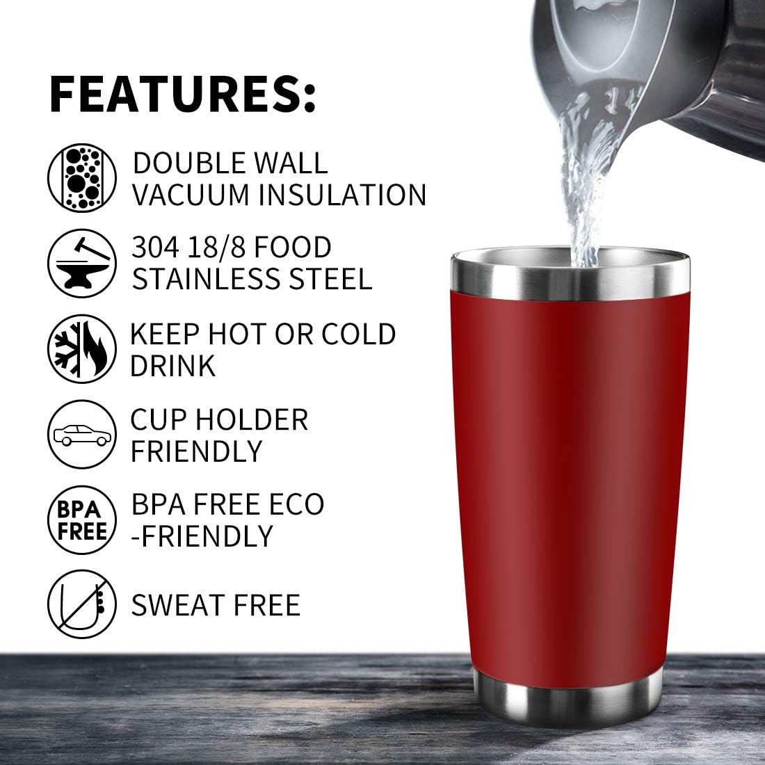 20oz Tumbler Bulk Stainless Steel Vacuum Insulated Tumblers with Lid Double Wall Travel Mug, Durable Powder Coated Coffee Cup, Suitable for Ice Drinks and Hot Beverage (Red 1pack)