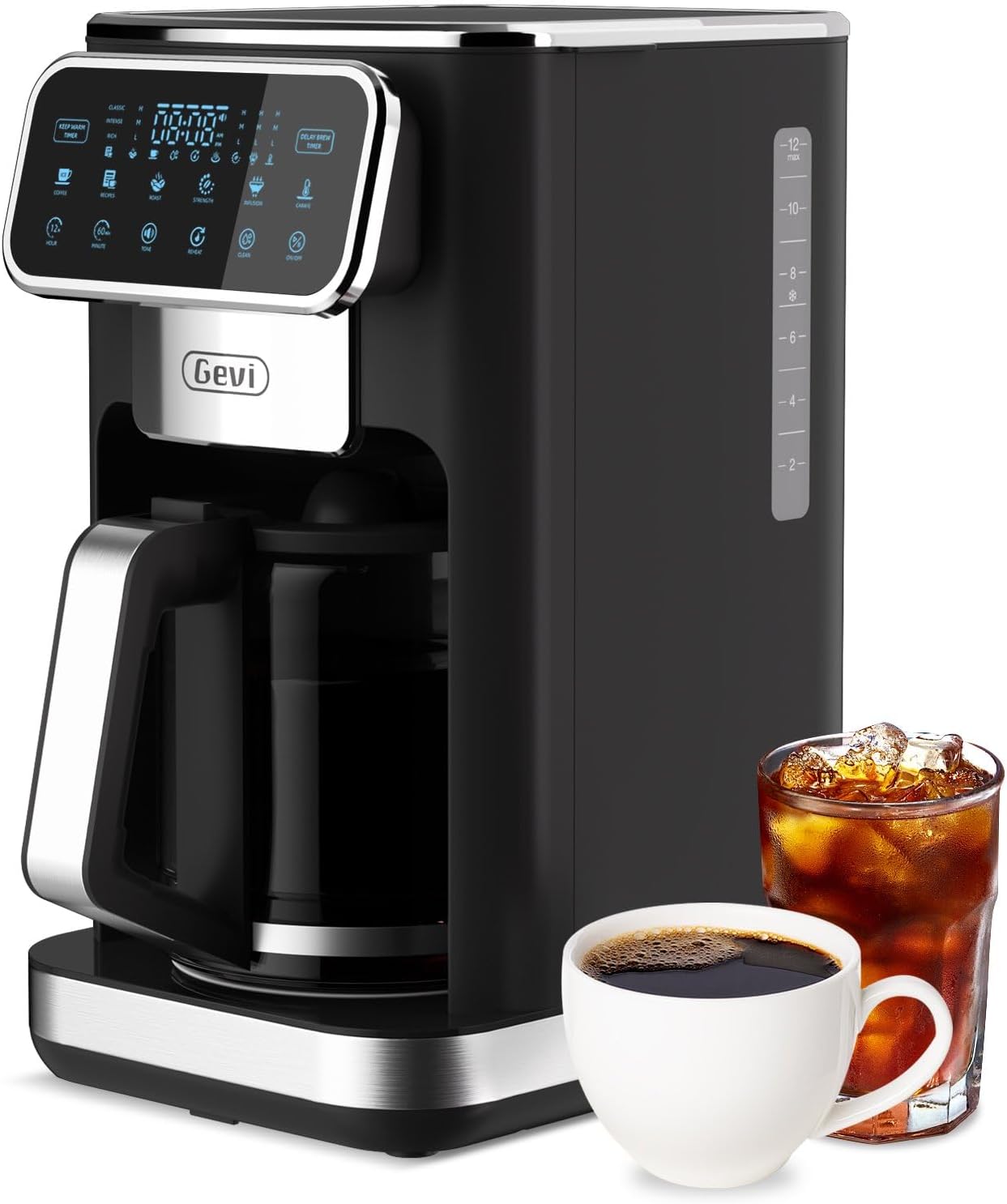 Gevi 12 Cup Programmable Drip Coffee Maker with Touch Screen, Fast and Strong Brew, Auto Shut-Off, 4-Hour Keep Warm Plate, Iced Coffee Option, Anti-Drip System, Permanent Filter