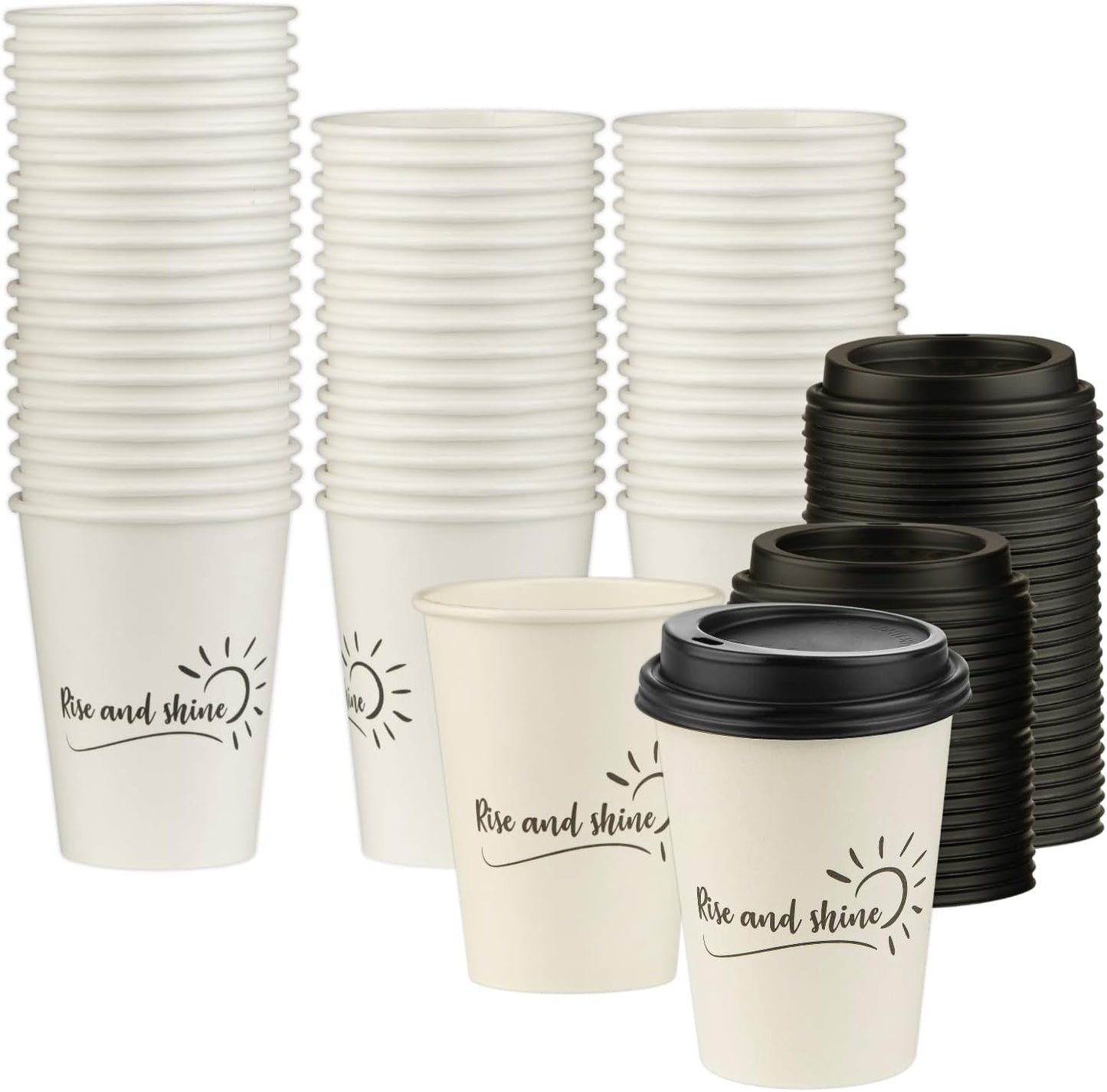 Smygoods Disposable Coffee Cups with Lids, To Go Paper Hot Cups, Rise and Shine Design (12 OZ, 50 Count) For Hot Beverages, Coffee, Tea, Espresso, Cocoa - Vasos Para Cafe