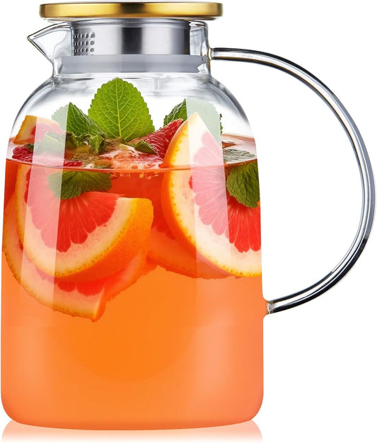 2L 68OZ Glass Pitcher with Lid and Spout, Water Jug, Glass Water Pitcher Carafe for Hot/Cold Water 2000ml for Fridge, Large Iced Tea Jug for Homemade Beverage