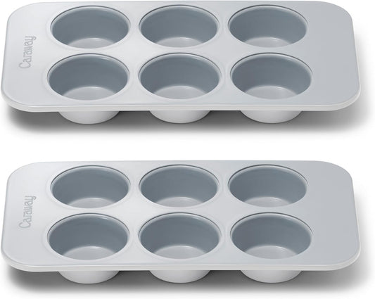 Caraway Nonstick Ceramic 6 Cup Muffin Pan Duo – Non-Toxic, PTFE & PFOA Free – Oven Safe – Aluminized Steel Core – Small Muffin Pan for Baking Cupcakes, Muffins & More - Gray