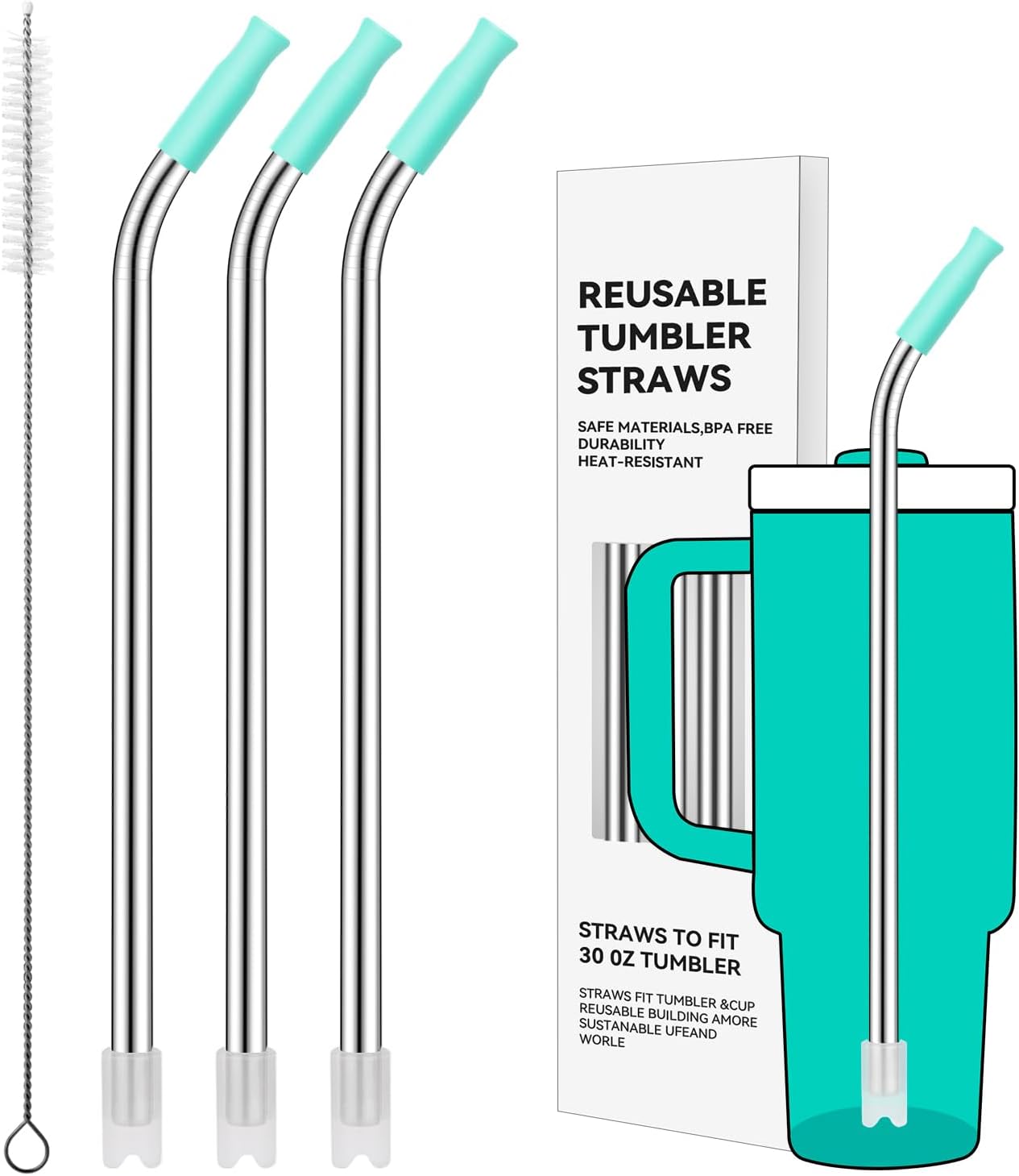 Reusable Stainless Steel Straws with Silicone Tip for Stanley 30oz, Metal Drinking Straws for 30oz Tumbler,3 Bent Tubes & 6 Tips& 1 Cleanr Brush (Tropical Teal)
