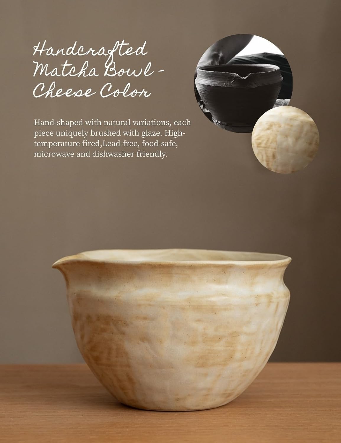 6-pcs Japanese Matcha Whisk Set with Handmade Wabi-Sabi Ceramic Bowl(Chawan),Bamboo Chasen, Whisk Holder, Scoop, Sifter & Tea Towel,Matcha Ceremony Kit,(Cheese-Colored)