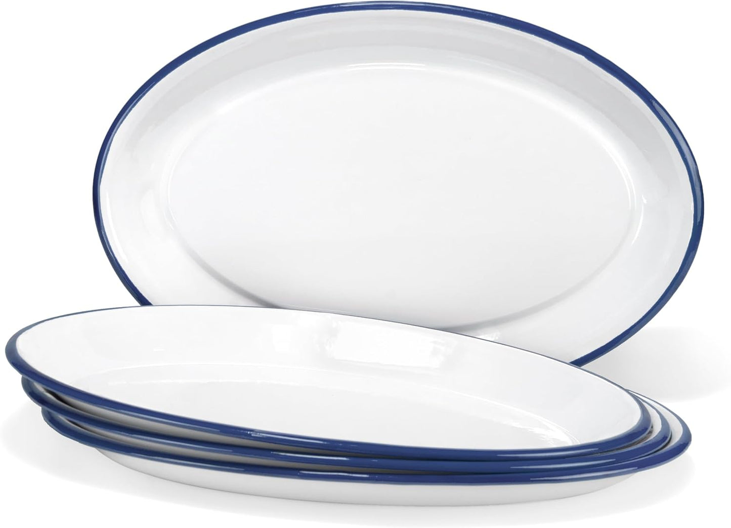 Red Co. Set of 4 Enamelware Metal Classic 13" Serving Oval Tray Platter, Solid White/Navy Blue Rim