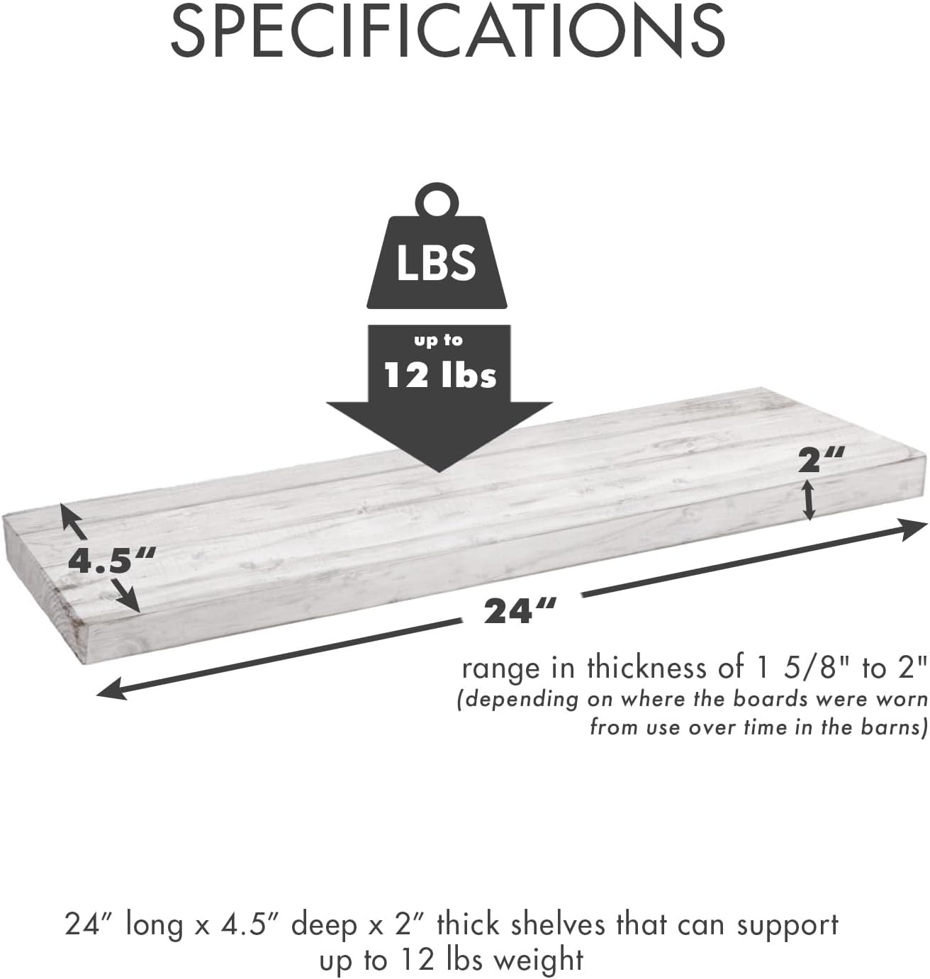 Urban Legacy Reclaimed Barnwood Planks | Floating Shelves for Wall w/Flush Mount Shelf Bracket Set Included | Set of 2 (White Wash, 24"x 4.5"x 2")