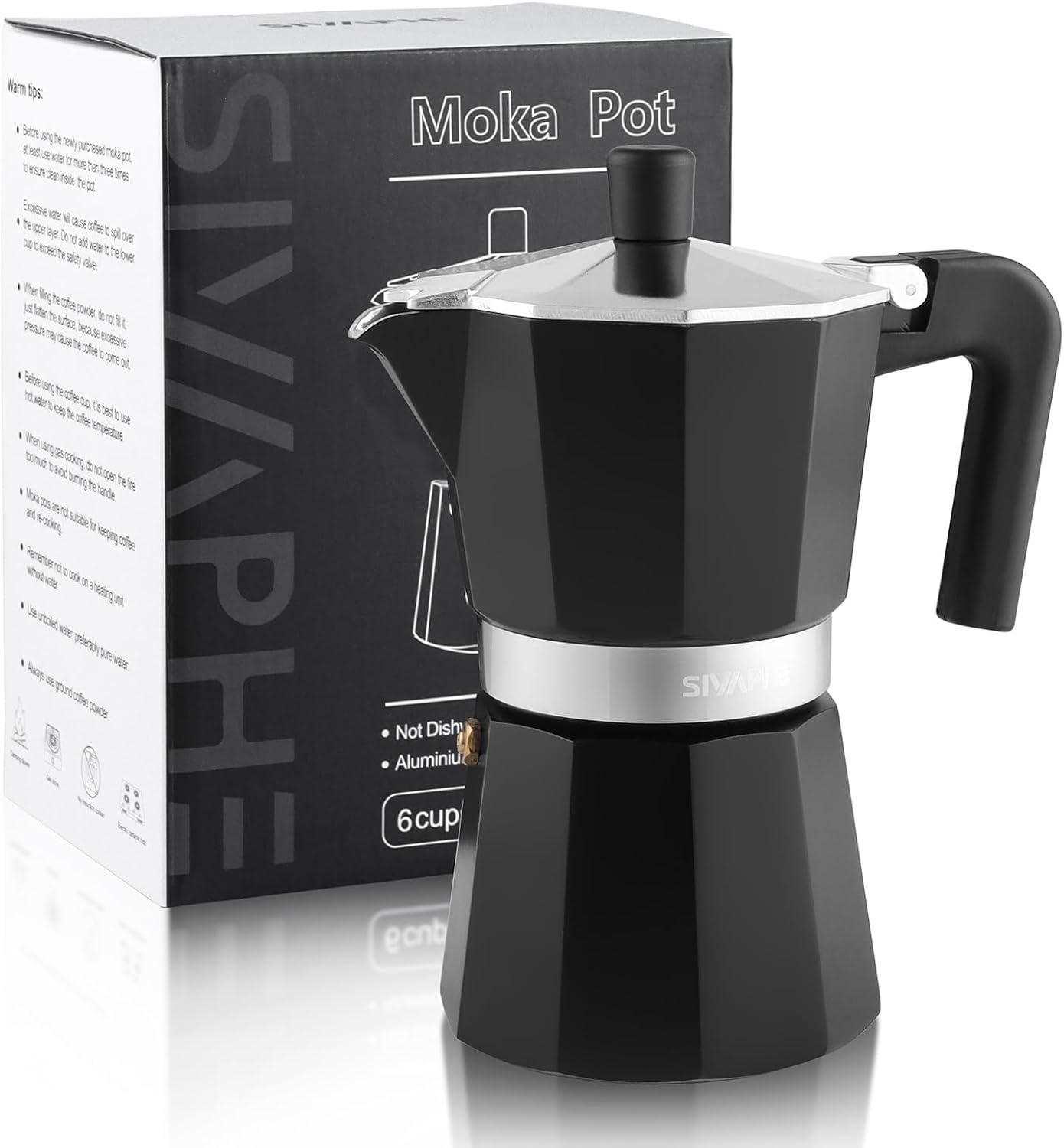 Sivaphe Aluminum Moka Pot 6 Espresso Cups, Percolator Espresso and Coffee Maker, Portable Stovetop Italian and Cuban Café Brewer for Home and Camping Black