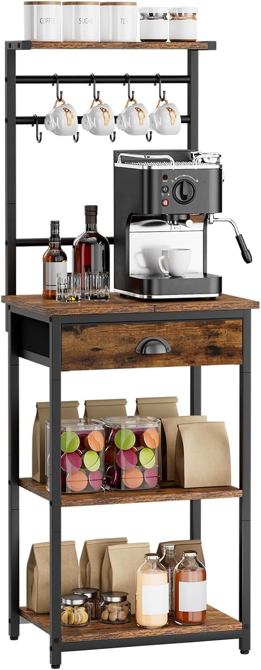 YMYNY 5 Tier Coffee Bar Station, Coffee Stand with Fabric Drawers, 8 S-Shaped Hooks, Corner Bar Cabinet, Height Adjustable, Bakers Rack for Kitchen, Living Room, Rustic Brown HBR009H