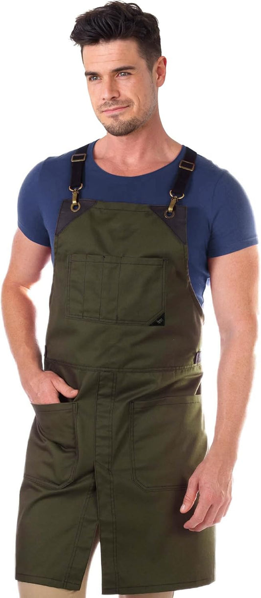 Under NY Sky Cross-Back Moss Green Apron – Durable Twill with Leather Reinforcement and Split-Leg – Adjustable for Men and Women – Pro Chef, Tattoo, Baker, Barista, Bartender, Stylist, Server Aprons
