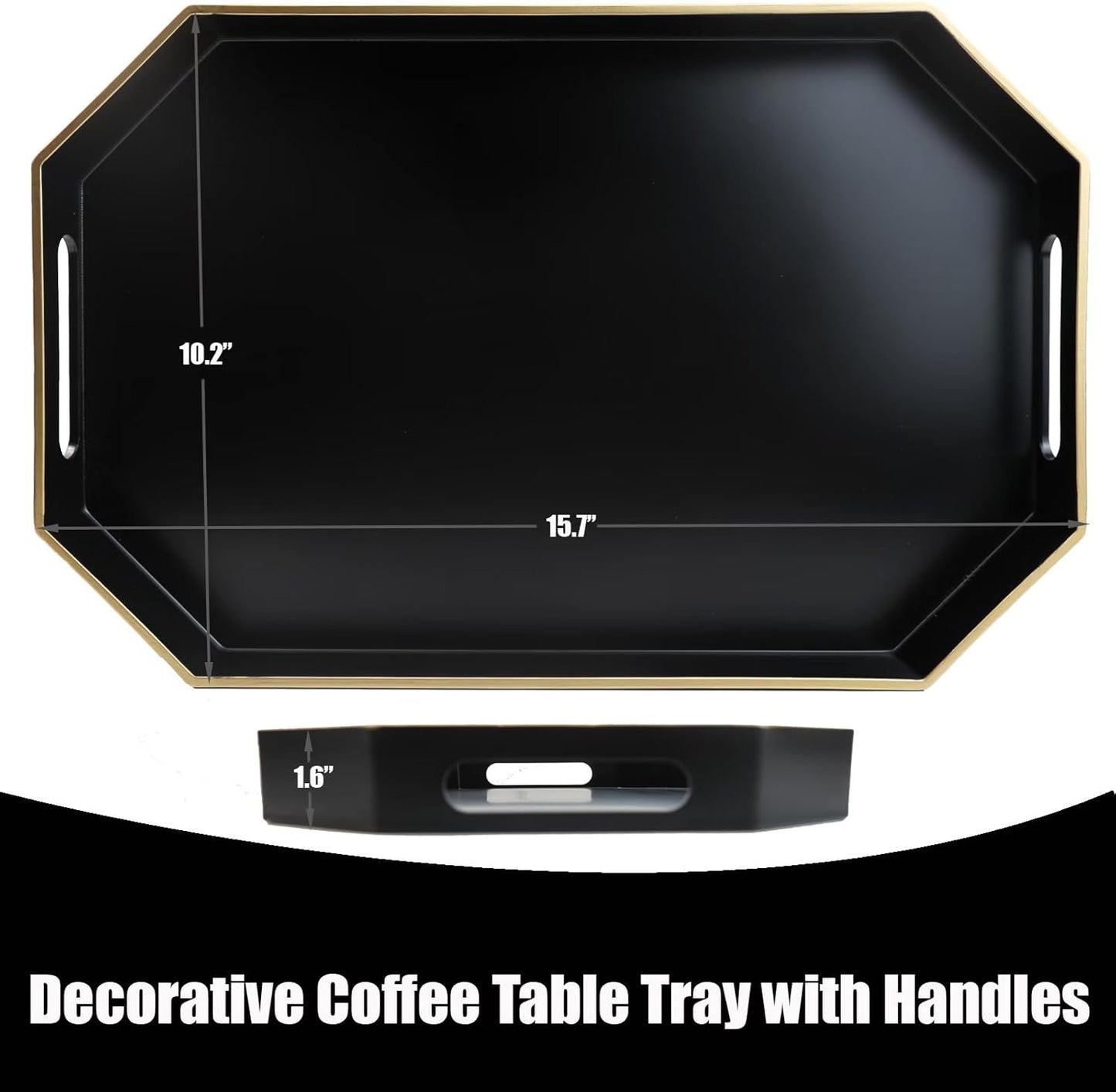 Black Decorative Tray with Handles, Octagon Versatile Serving Tray for Coffee Table, Ottoman, Ideal for Serving, Displaying, Organizing