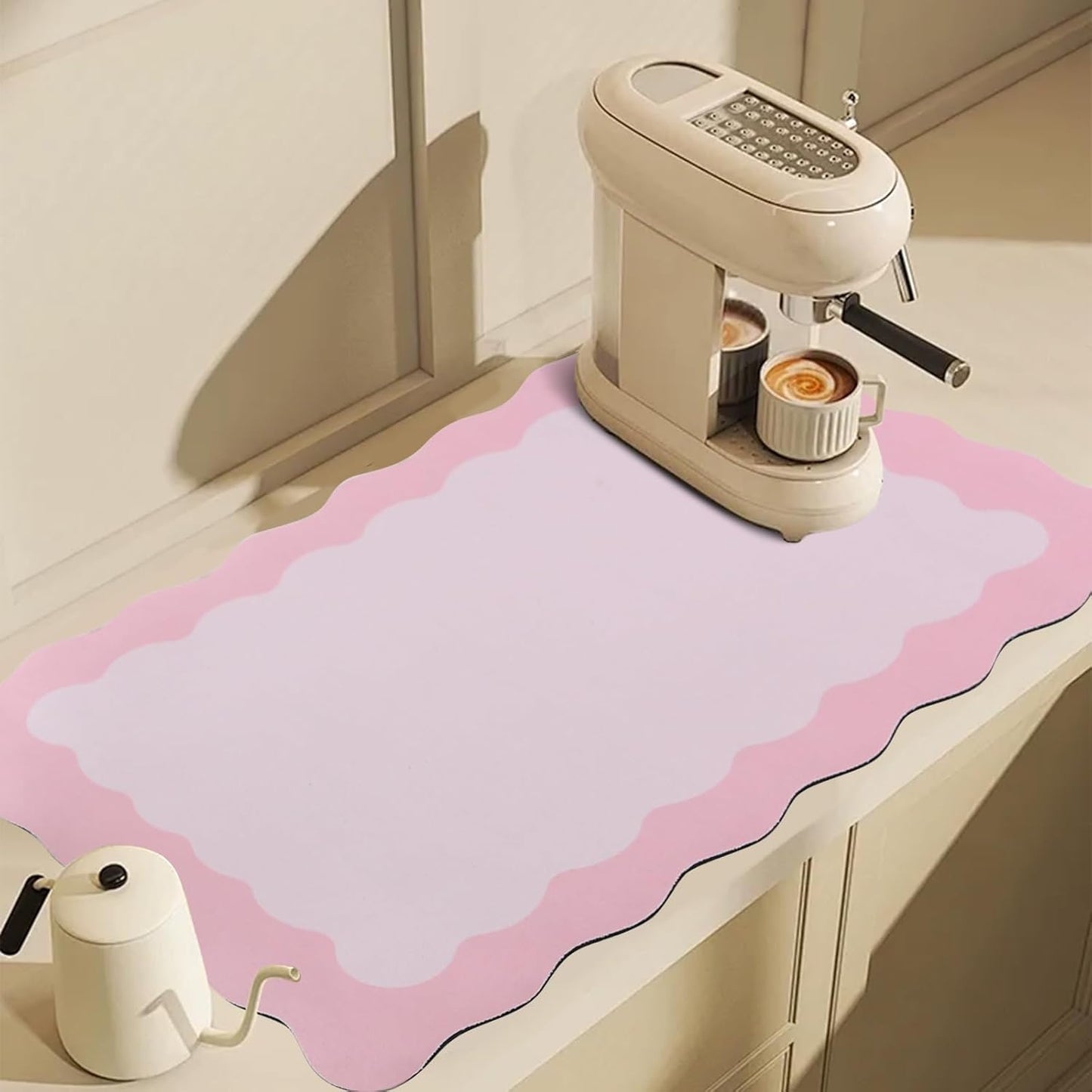 Scalloped Coffee Bar Mat for Countertop, Cute Dish Drying Mats for Kitchen Counter, Diatomite Absorbent Mat for Coffee Station, Kitchen Aesthetic Decor (12"x19", Pink)
