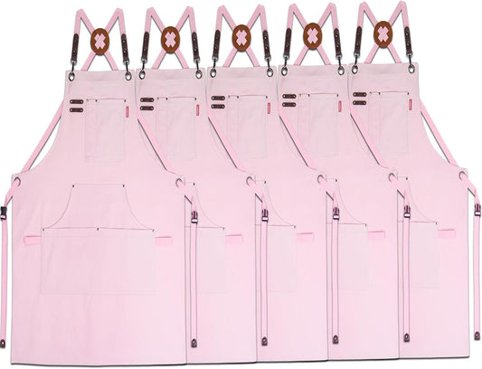 5 Pack Kitchen Apron, Work Apron, Canvas, Multiple Pockets, Gardening, Painting, BBQ, Artist, Carpenter, Sizes M to XXL, Pink