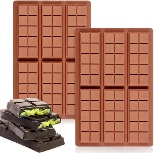 Chocolate Bar Molds Deep Silicone Break-Apart Chocolate Nonstick Protein and Energy Thick Candy Bar Mold Wax Melt Mold 2 Pack (10 Snap)