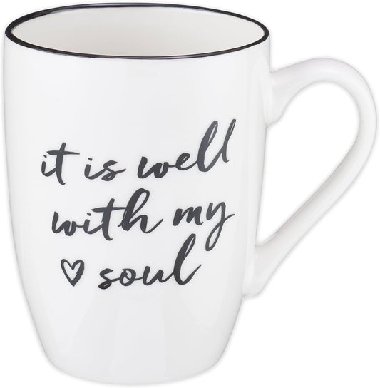 Christian Art Gifts Microwave & Dishwasher Safe Encouraging Ceramic Coffee & Tea Mug for Women & Men: It is Well With My Soul Inspirational Non-toxic Novelty Heart Beverage Cup, White & Black, 12 oz.