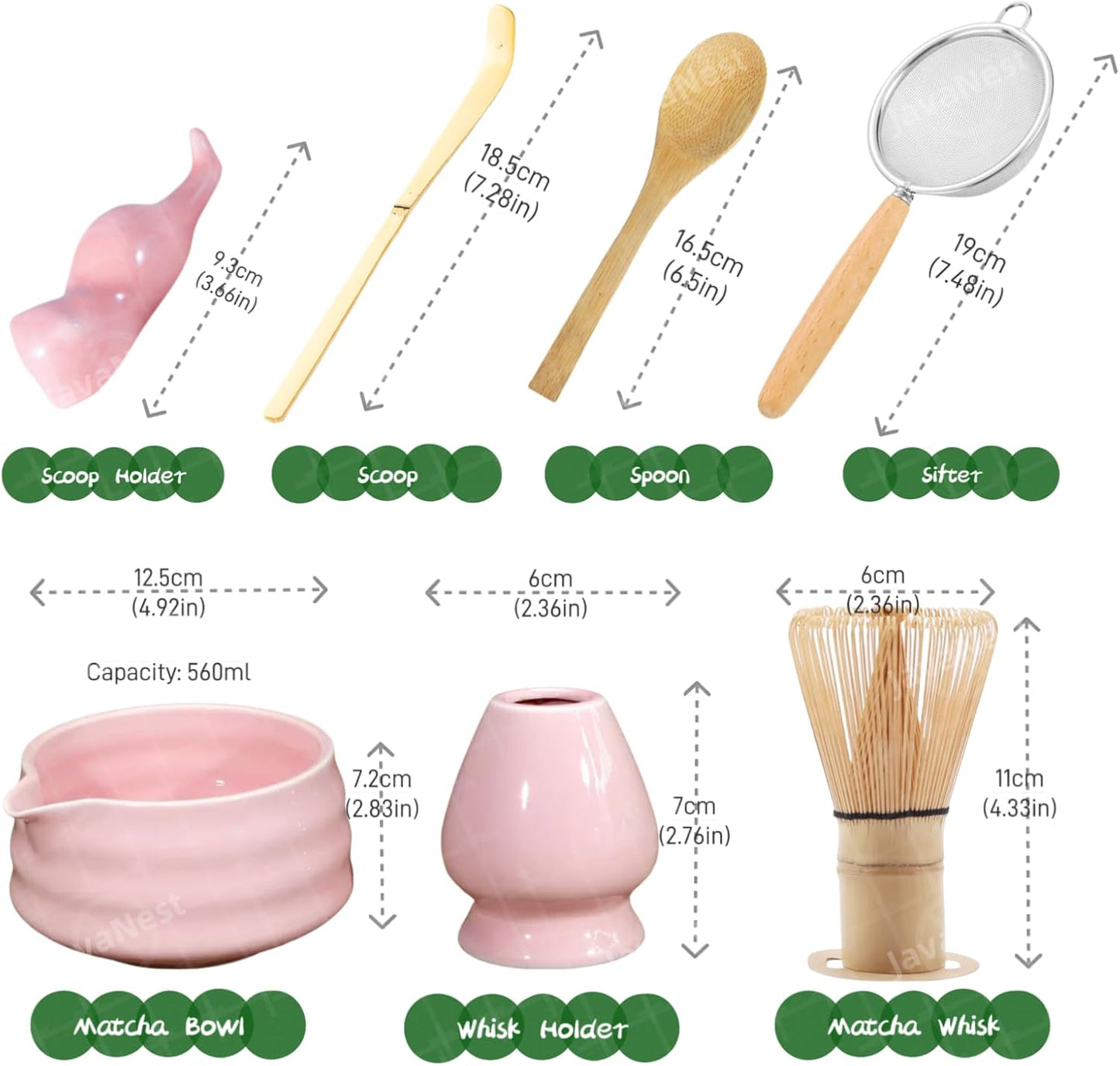 7-Piece Matcha Tea Set with Gift Card – 120-Prong Bamboo Whisk, Ceramic Bowl with Spout, Whisk Holder, Scoop, Spoon, Strainer & Scoop Holder – Ideal Gift for Matcha Lovers (Pink)