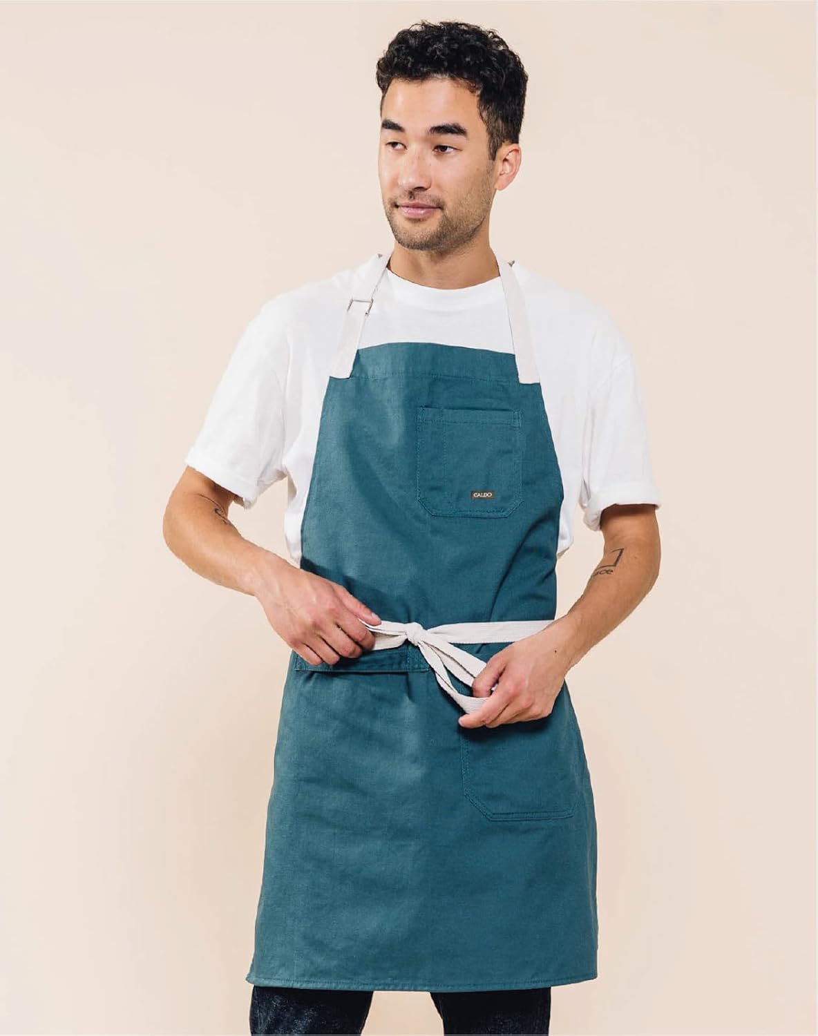 Caldo Daily Cotton Kitchen Apron for Cooking- Mens and Womens Professional Chef or Server Bib Apron - Adjustable Straps with Pockets and Towel Loop (Spruce)