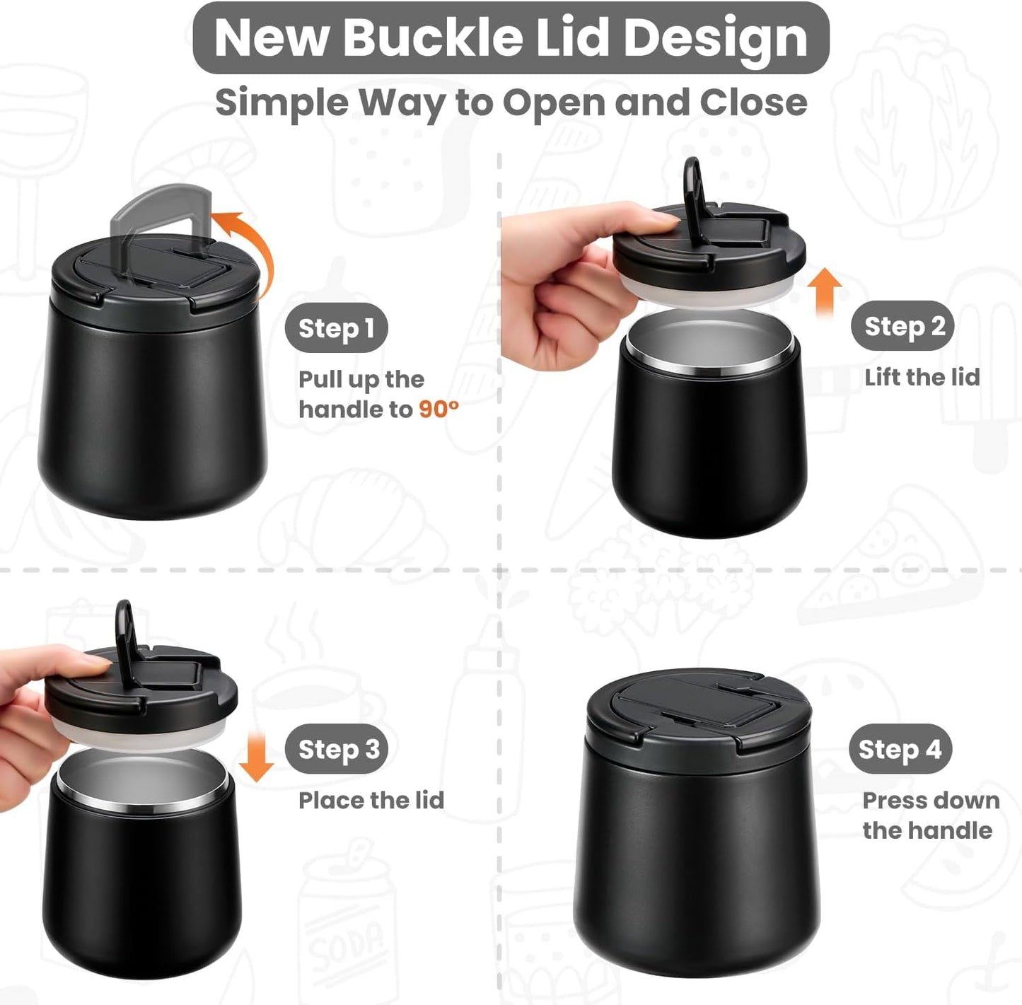 20oz Insulated Vacuum Food Jar with Buckle Lid,Soup Thermo for Hot Food Kids,Wide Mouth Leakproof Stainless Steel Lunch Container with Spoon-Black