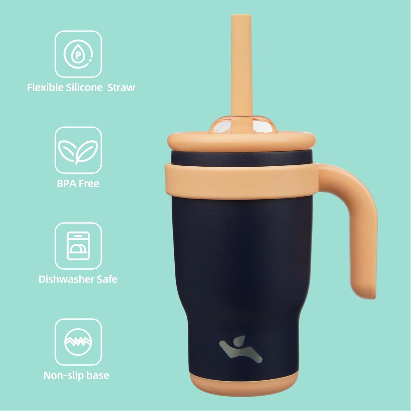 14 oz Tumbler with Side Handle, Insulated Water Bottle with Straw and 2 in 1 Lid, Stainless Steel Cup Travel Coffee Mug for Sports Office Gym,Navy Blue