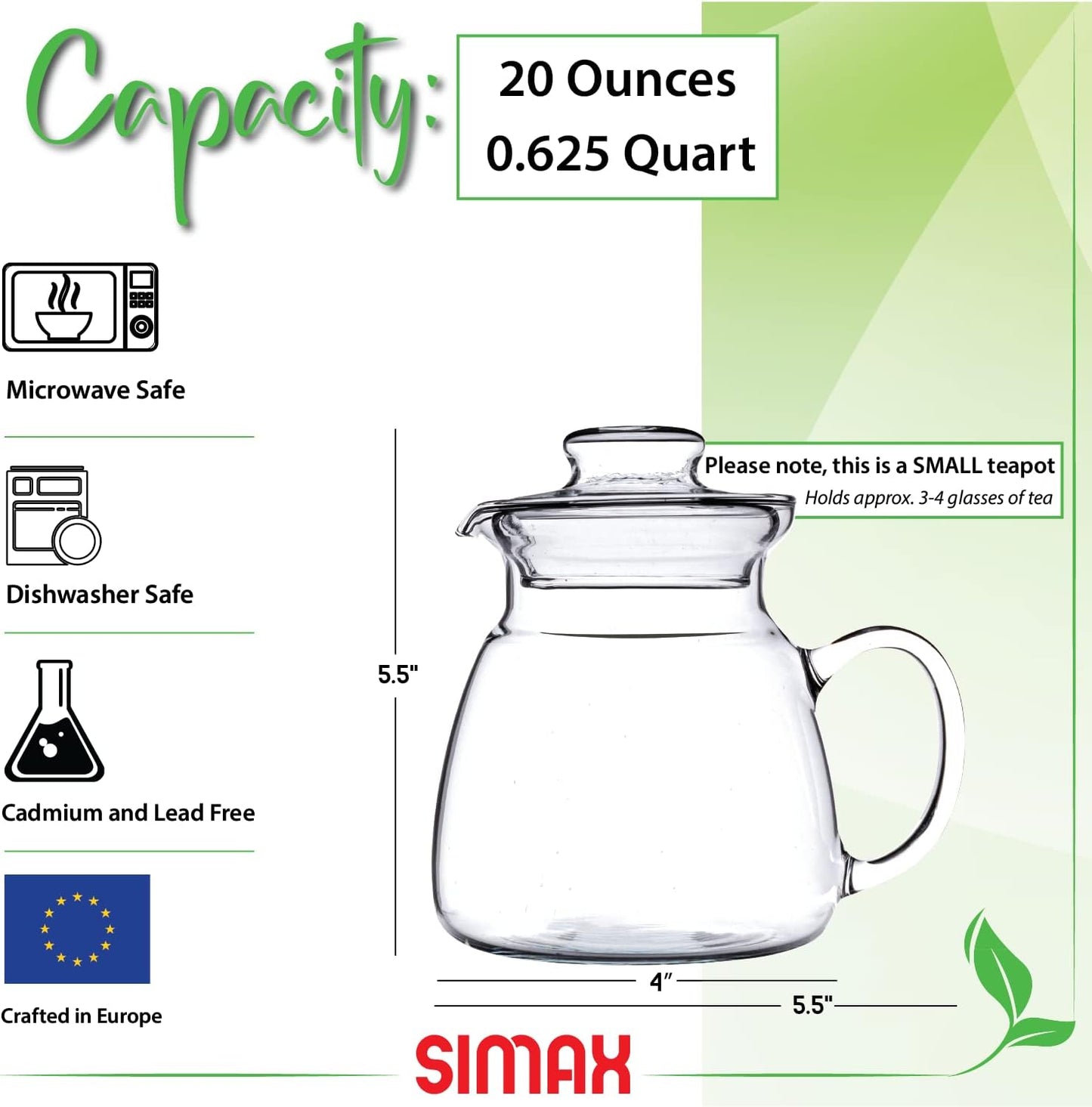 Simax Glassware 20 Oz. Glass Teapot | Short Spout, Microwave and Stovetop Safe, Heat, Cold, and Thermal Shock Resistant Borosilicate Glass, Makes a Stunning Presentation
