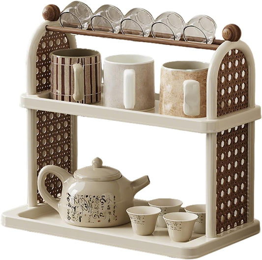 2-Tier Rattan Organizer Vintage Coffee Mug Cup Holder for Countertop Kitchen Bedroom and Living Room, Saucer Bottle Storage Kitchen Accessories (White)