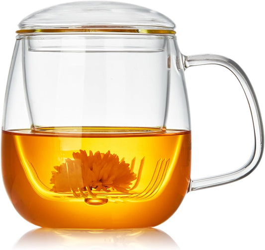 Large Glass Tea Cup, 25.6 oz Borosilicate Glass Tea Mug with Infuser and Lid, Clear Tea Cups for Brewing Scented Tea and Tea Bag