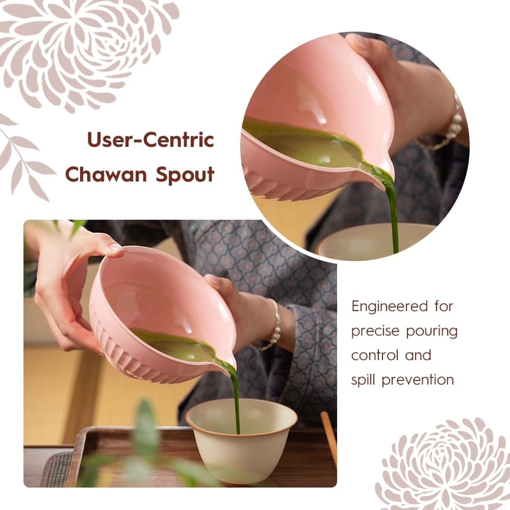 6 Pcs Matcha Set - Ceramic Bowl with Spout, Matcha Whisk with Holder, Tea Powder Canister, Sifter and Spoon, Complete Kit for Traditional Matcha, Modern Lattes, and Tea Ceremonies (Pink)