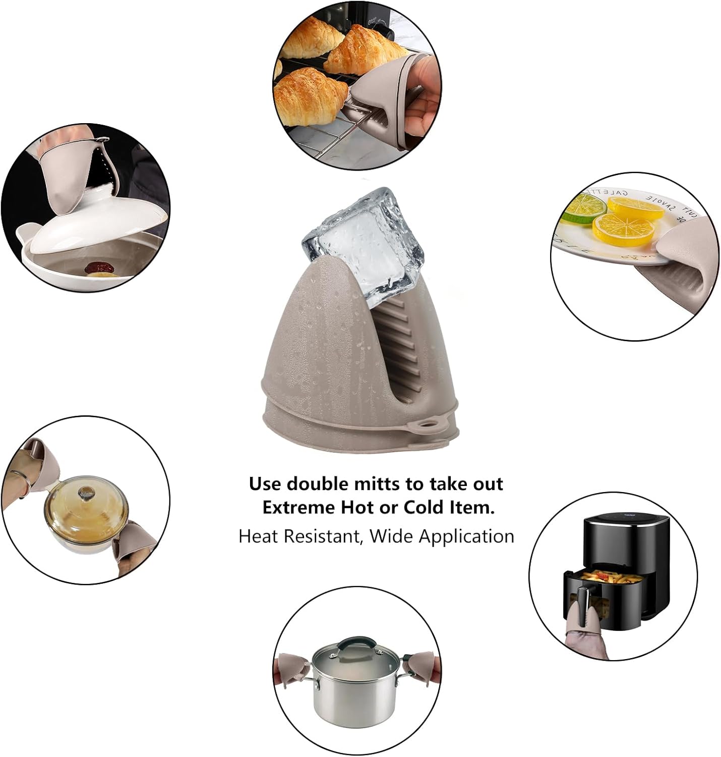 Silicone Oven Mitts Heat Resistant 3 Pair Mini Pot Pinch Grip- ChufanMomsil Short Cute Pot Holders Sets for Kitchen, Air Fryer, Baking, Small Silicone Rubber Oven Gloves Mittens, Khaki