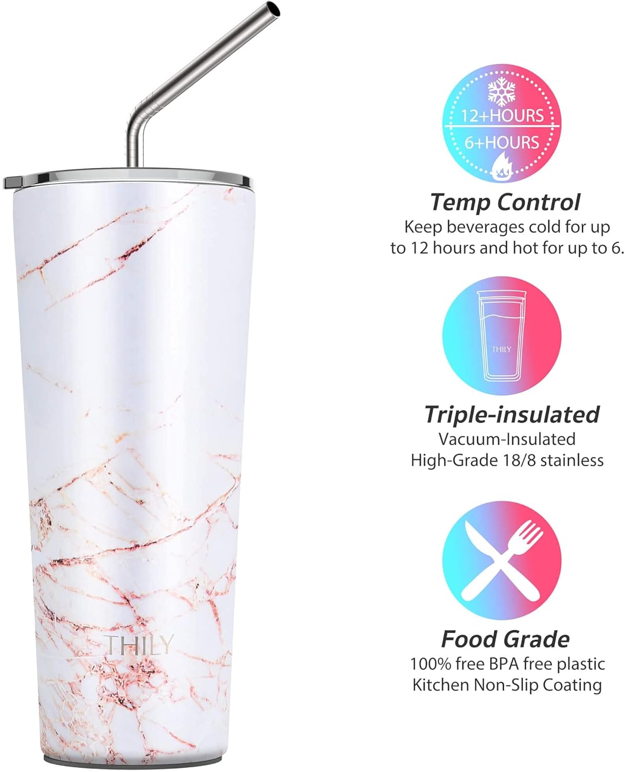 THILY Stainless Steel Vacuum Insulated Tumbler Travel Mug 26 oz Coffee Cup with 2 Lids and Straws, Splash Proof, Keep Ice Drinks Cold, Gold Marble