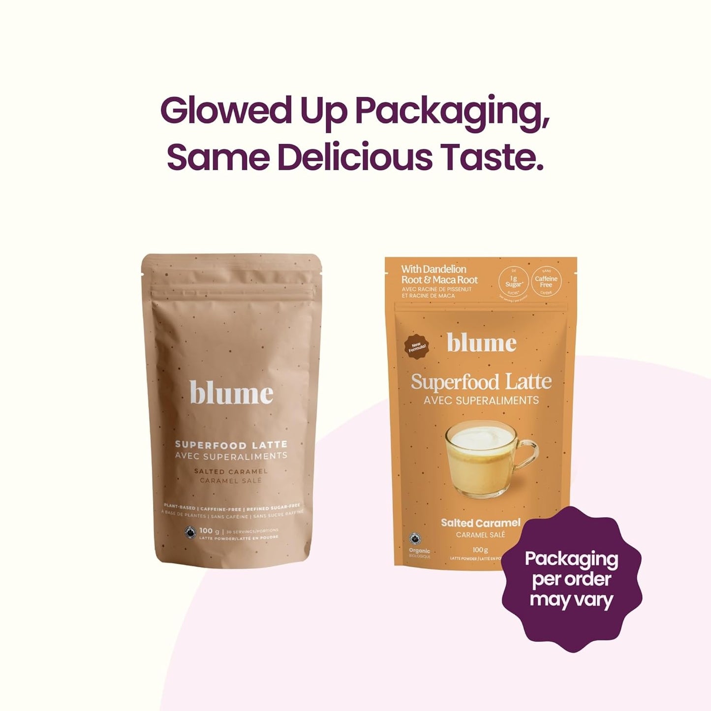 Blume Superfoods Latte - Salted Caramel Powder, Dandelion Root powder, Maca Powder, Pink Himalayan Salt, Low-Sugar, Inflammation support, Organic, Vegan And Keto Friendly - 25 Servings