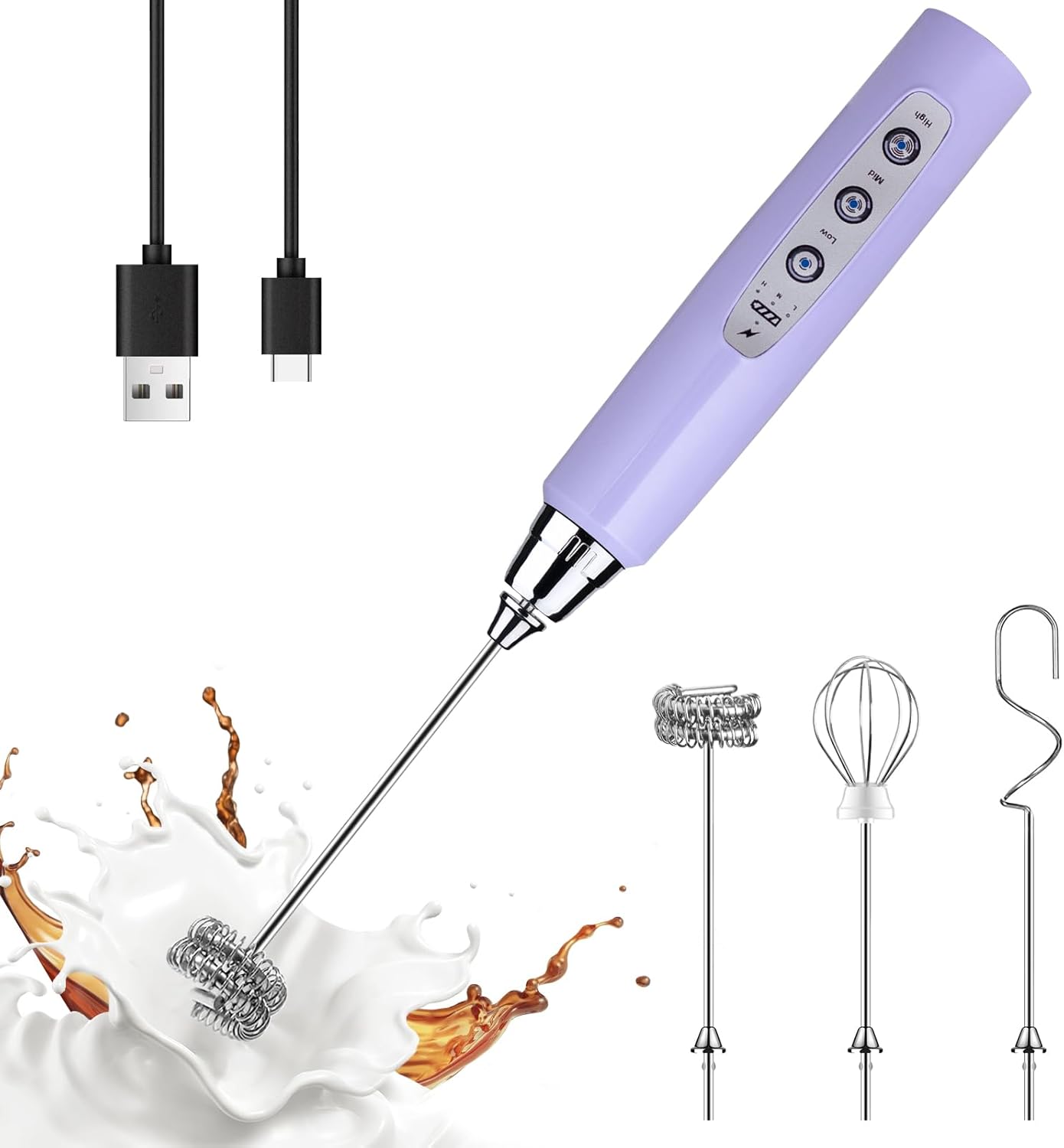 YUSWKO Light Purple Handheld Milk Frother Wand for Coffee, Rechargeable Electric Whisk with 3 Heads 3 Speeds Drink Mixer Coffee Frother For Latte, Cappuccino, Hot Chocolate, Egg