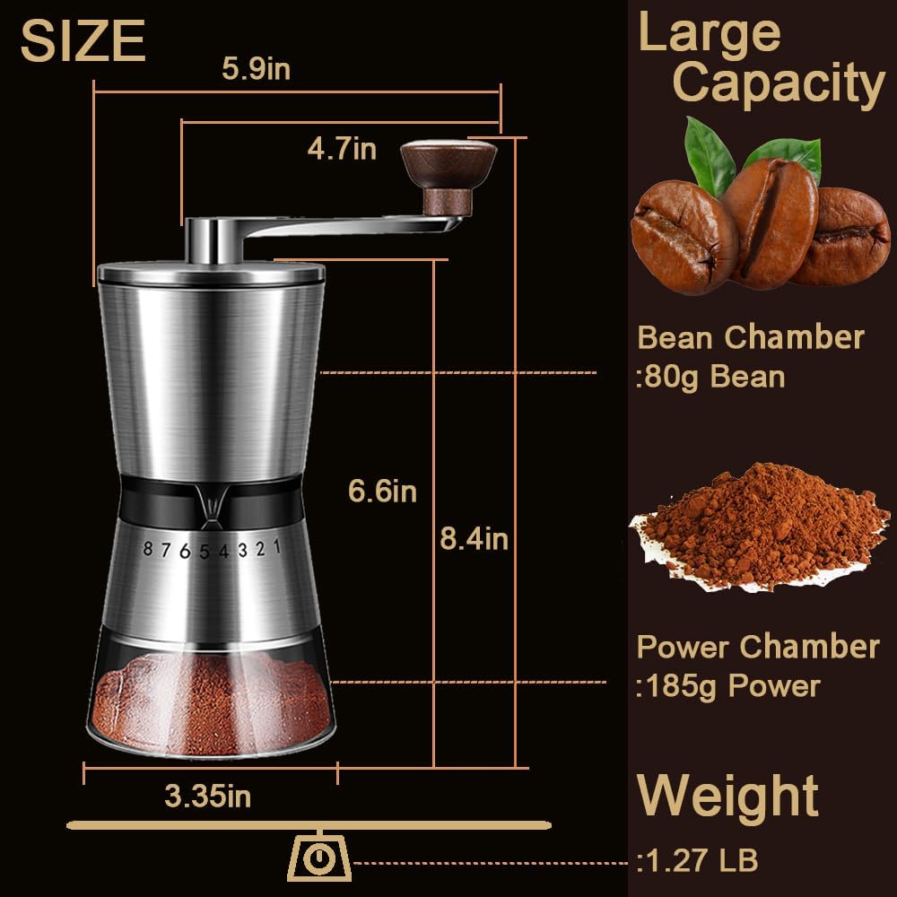 Precision Manual Coffee Grinder Large Capacity for Home Use, 8 Adjustable Coarseness Setting, Ceramic Burr Hand Held Stainless Steel Espresso Bean Mill for Travel Camping, Easy to Clean