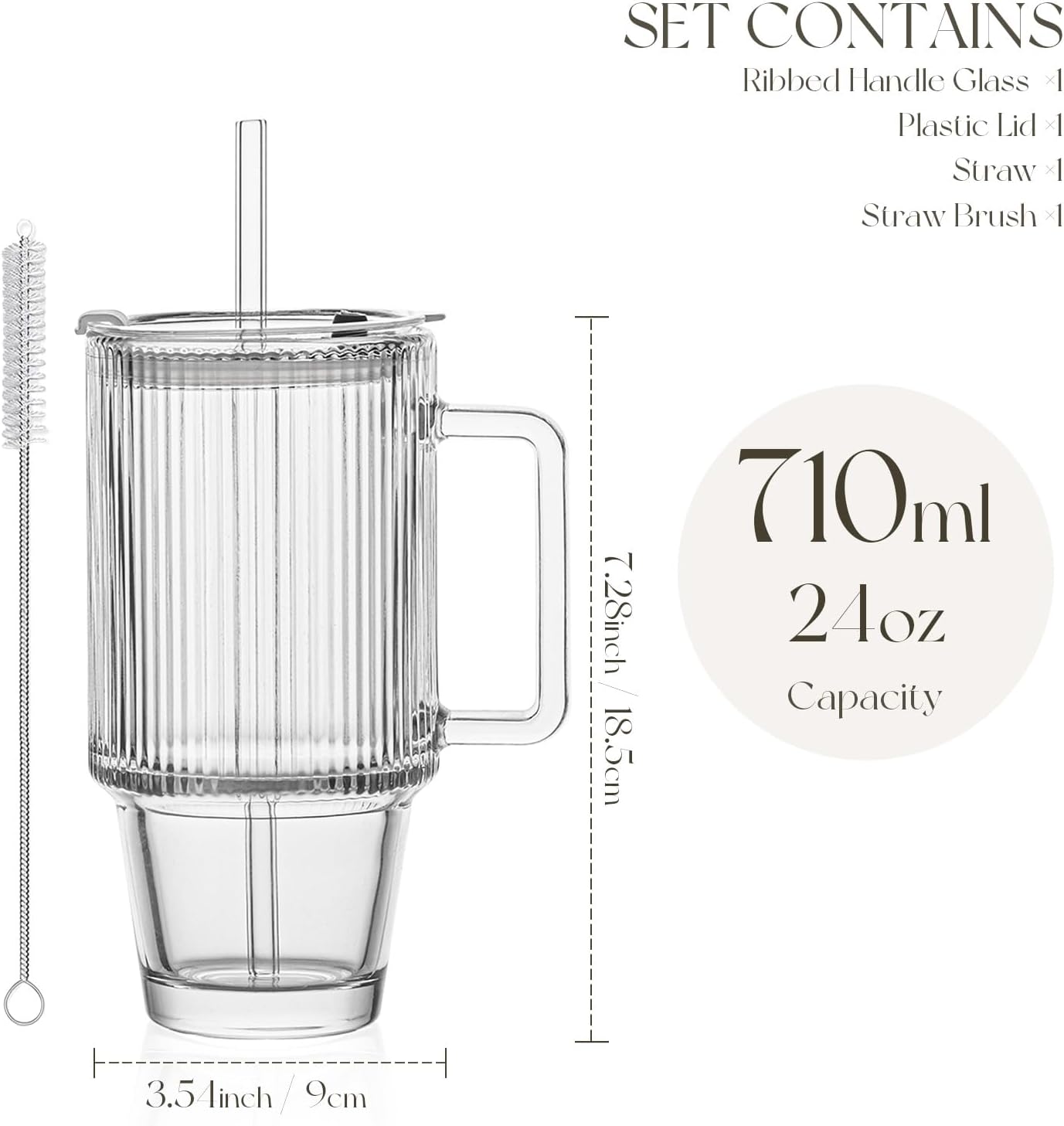 KEMORELA 24 Oz Ribbed Glass Tumblers with Lids and Straws, Tumbler Cup with Handle, Iced Coffee Glassware, Clear Reusable Drinkware for Smoothies and Beverages (1)