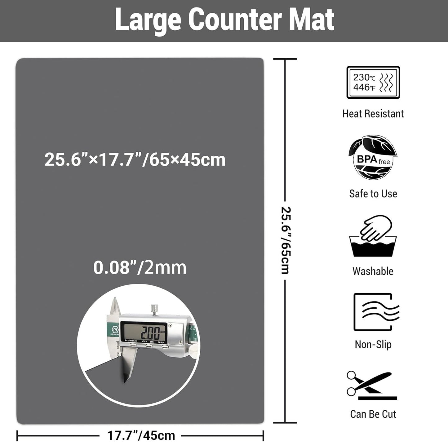 Ewen 25.6"x17.7"x0.08" Large Heat Resistant Silicone Mat for Kitchen Counter, 2mm Thick Countertop Protector Mat, Non-Stick Glass Top Stove Cover Pad for Appliances Coffee Maker Table Workbench Gray