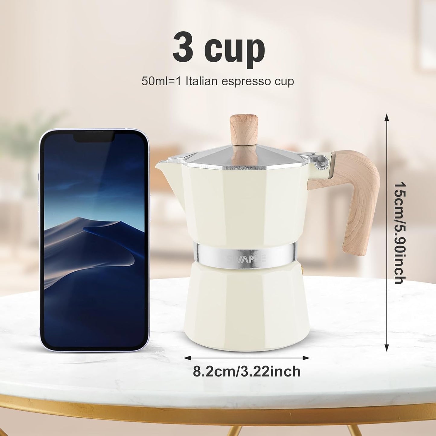 Sivaphe Aluminum Moka Pot 3 Espresso Cups, Percolator Espresso and Coffee Maker, Portable Stovetop Italian and Cuban Café Brewer for Home and Camping White