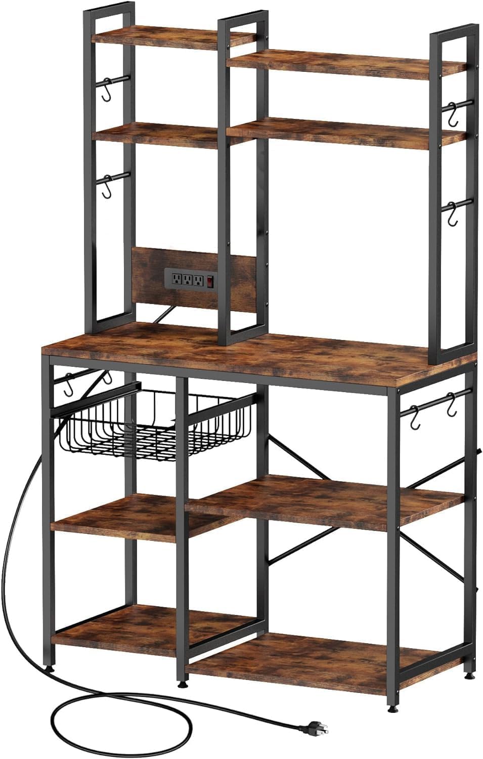 Standing Kitchen Baker’s Rack, Bakers Rack with Power Outlet, 6-Tier Microwave Stand, Coffee Bar with 12 S-Shaped Hooks, Kitchen Shelf with Storage, Coffee Bar Station, for Rustic Brown