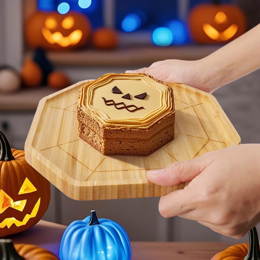 TJ POP Halloween Bamboo Serving Tray - Octagon Spider Web Design Snack Dessert Platter for Candy, Cheese, Natural Wood Appetizer Tray Charcuterie Board for Party, Home Decor & Food Display (10” x 9”)
