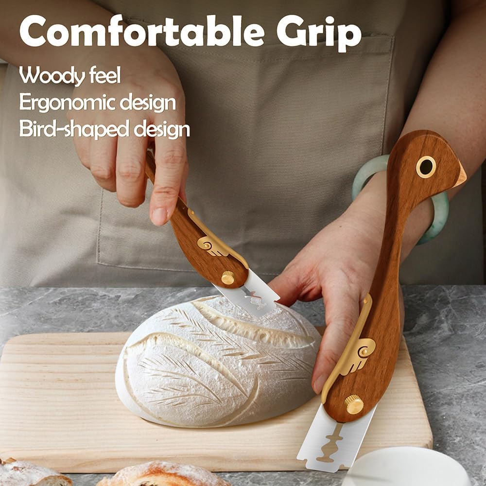 Bird Wooden Bread Lame, Handcrafted Dough Scoring Knife for Sourdough Slashing,Precision Scorer Tool with 10 Replacement Razor Blades