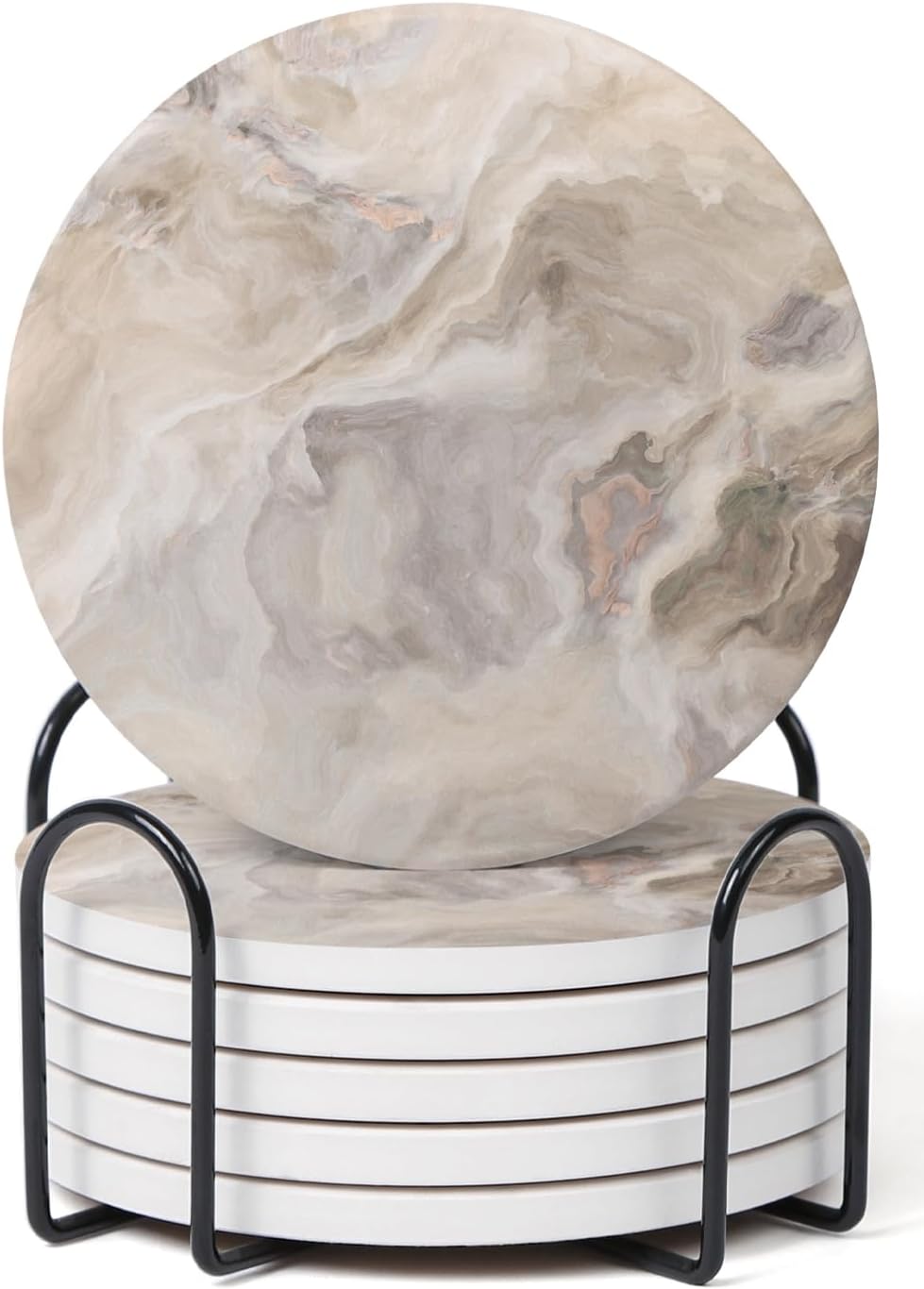 Set of 6 Abstract Marble Coasters with Holder, Absorbent Ceramic Coasters for Drinks, Coasters with Cork Backing for Table Protection, Housewarming Gifts for New Home