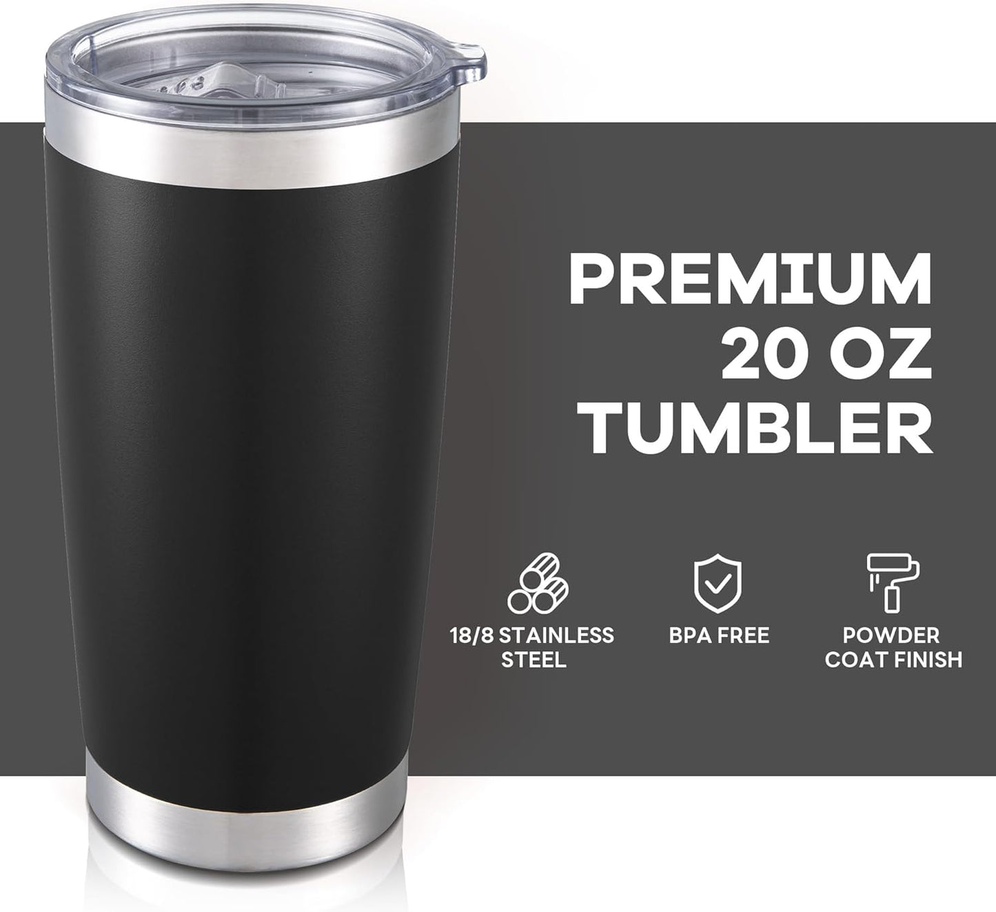 20 oz Tumbler with Lid Stainless Steel Insulated Tumblers Bulk Double Wall Vacuum Cups Powder Coated Travel Mug Keep Drinks Cold and Hot, Black, 12 Pack