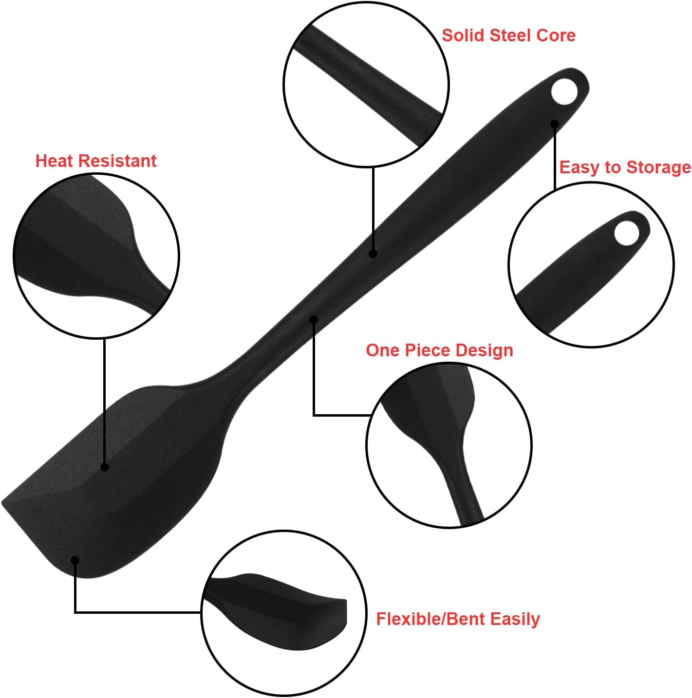 Silicone Spatulas Set of 6, Rubber Spoon Spatula Heat Resistant Spoonula One Piece Design Seamless Spatula Non-Stick Scrapers Baking Mixing Tool (Black)