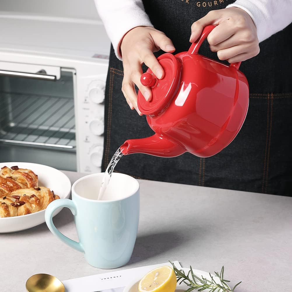Sweejar 35 oz Porcelain Tea Pot, Teapot with Removable 18/8 Stainless Steel Infuser, Microwave & Dishwasher Safe Tea Maker, Tea Infuser Pots for Blooming loose Leaf Tea,Women Chrismas Women Gift (Red)