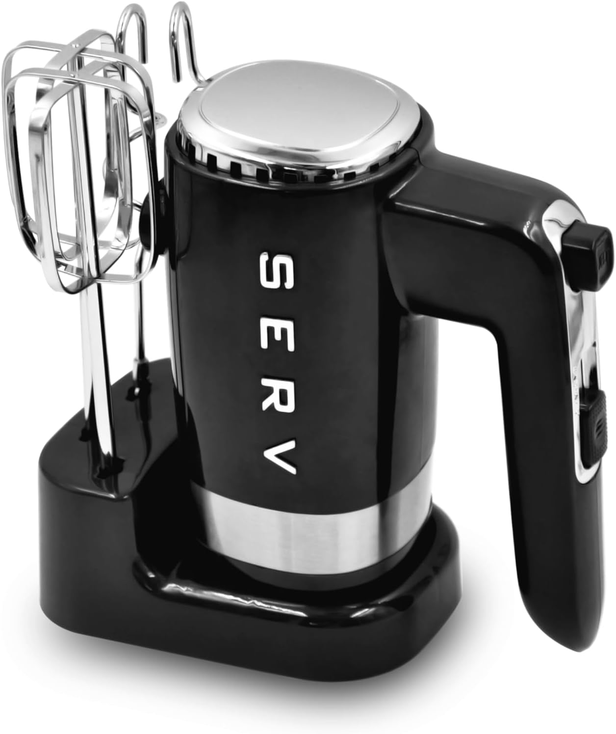 Servappetit Retro Serv 5-Speed Electric Hand Mixer, 300W Midcentury-Inspired Handheld Mixer with Beaters & Dough Hooks, Splash-Reducing Design, Black