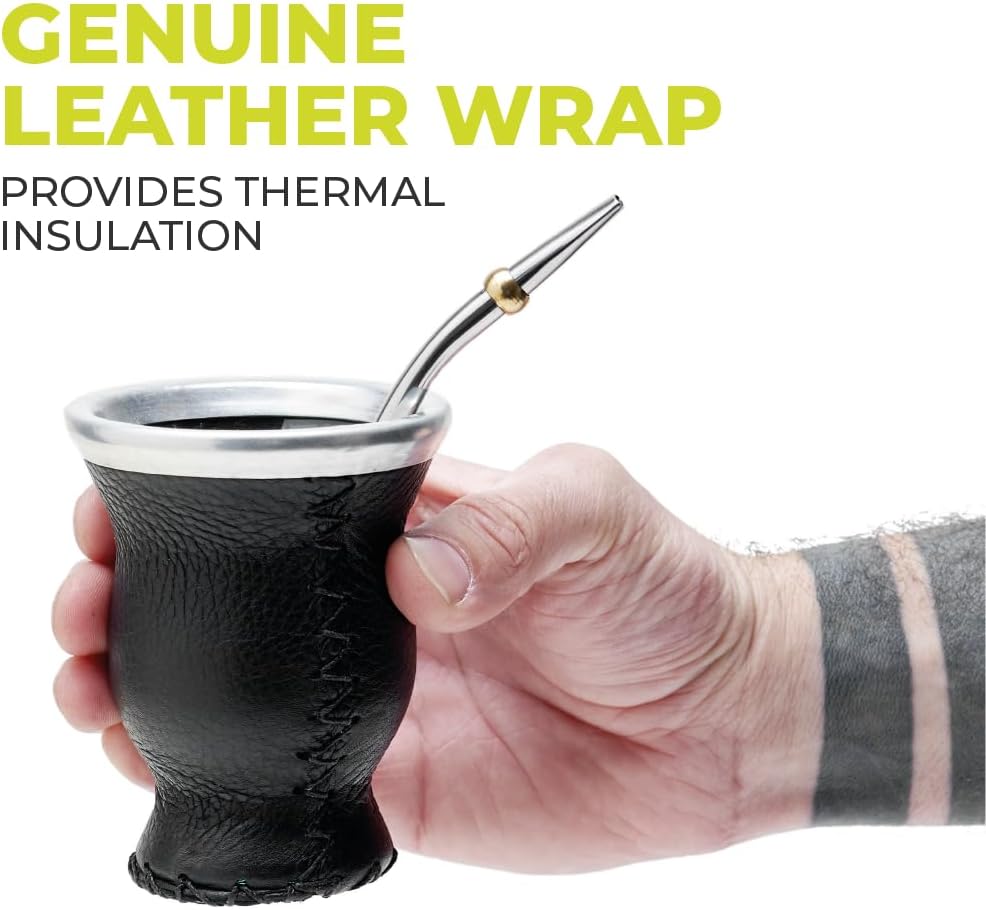 BALIBETOV Leather & Glass Yerba Mate Gourd Set (Mate Cup) with Yerba Mate Bombilla