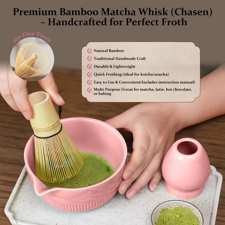 7PCs Matcha Whisk Set Traditional Japanese Matcha Kit with Ceramic Bowl Bamboo Chasen Tea Spoon Holder Sifter Tea Towel Ceremony Matcha Tea Making Tools Green Tea Set for Beginners