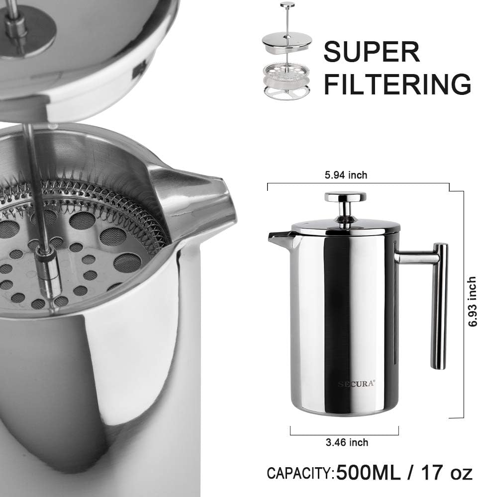 Secura French Press Coffee Maker, 304 Grade Stainless Steel Insulated Coffee Press with 2 Extra Screens, 17oz (0.5 Litre), Silver