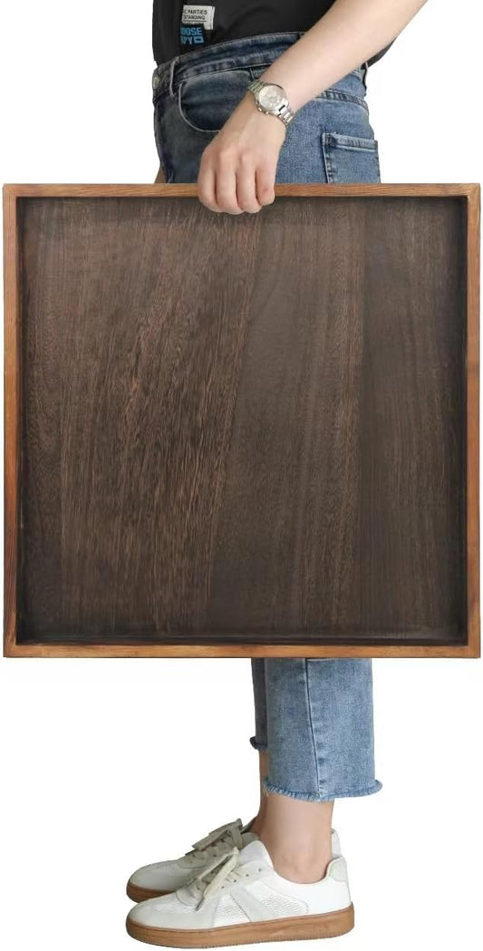 Extra Large Square Ottoman Table Tray 20" - Rustic Wooden Serving Tray for Farmhouse Decorative Oversized Coffee Table Trays Living Room Kitchen Counter Breakfast Brown