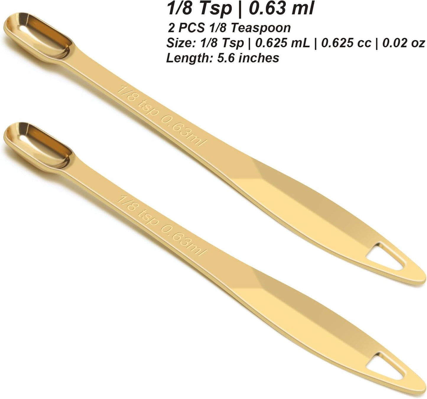 2 Pcs 1/8 Teaspoon (0.63 mL | 1/8 Tsp | 0.63 cc | 1/64 oz) Stainless Steel Single Measuring Spoon, Long Handle Metal Measuring Spoon, Kitchen Gadgets for Cooking & Baking(Gold)